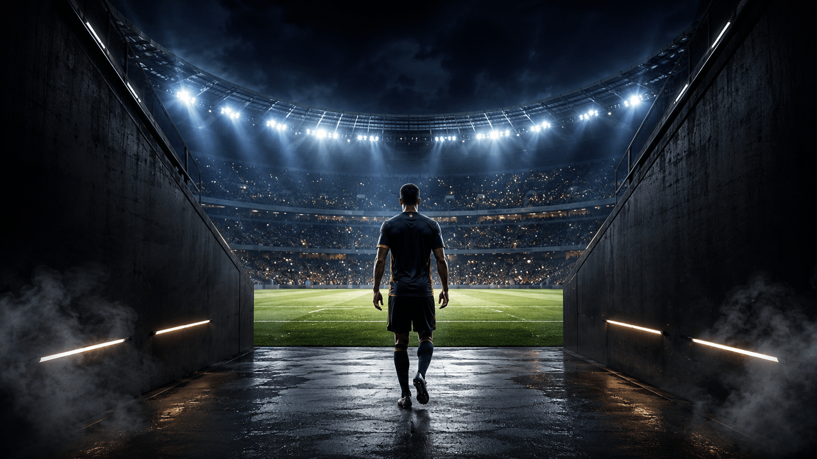 A player walks through the tunnel toward the floodlit Legacy Arena